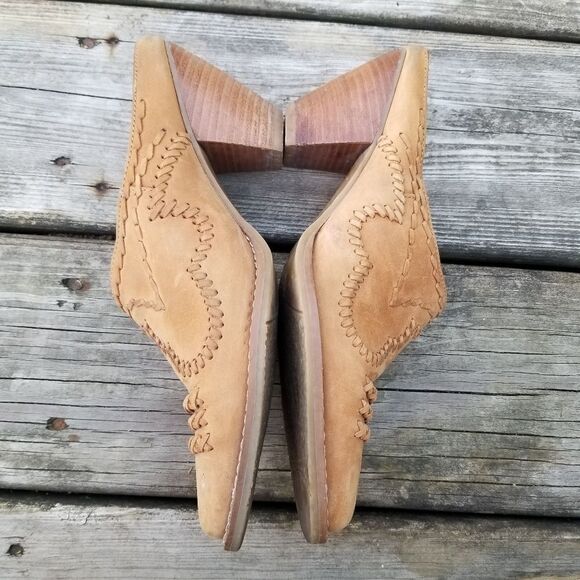 Vintage 90s y2k Camel Tan Suede Boho Western Cowgirl Whipstitch Heeled Mules 6.5 - Picture 7 of 10
